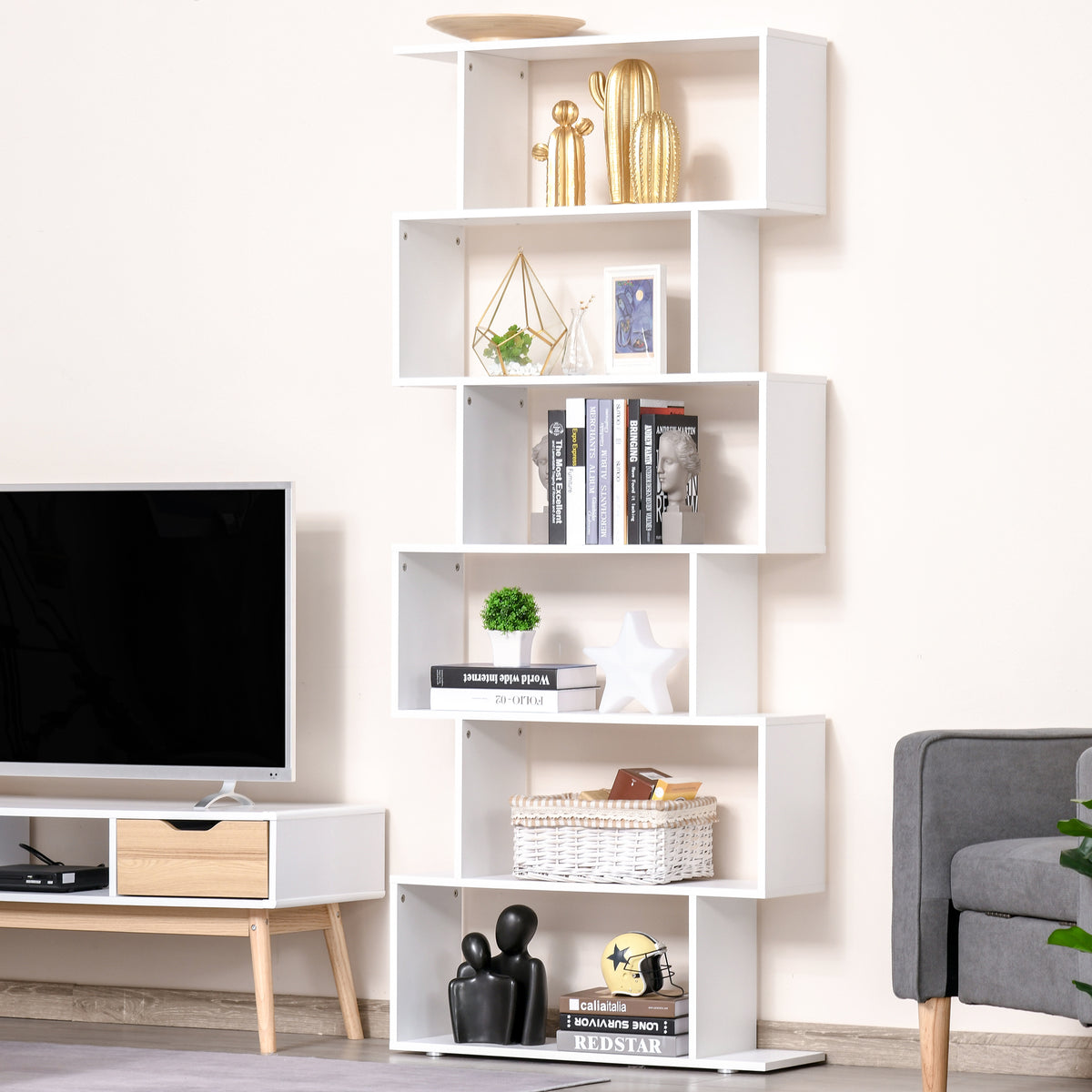 Estante com 6 Prateleiras para Livros Material de Madeira 80 x 25 x1 92 cm Branco — foto 4