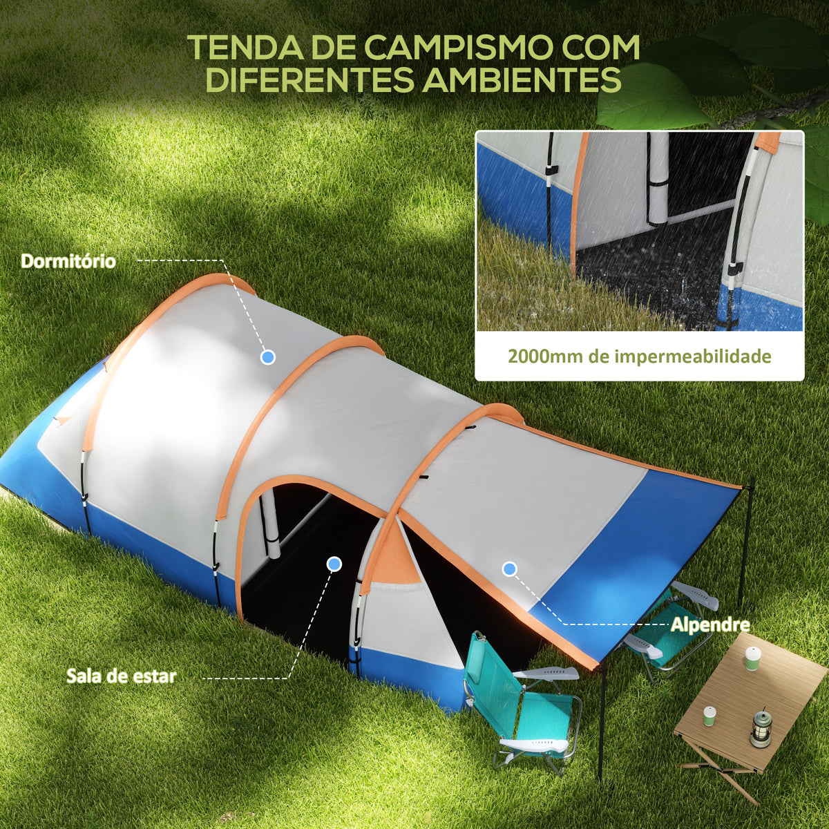 Tenda de Campismo Familiar para 3 Pessoas Tenda de Camping Dobrável Leve com 2 Compartimentos Bolsa de Transporte Impermeável 2000 mm para Praia e Caminhadas 420x200x150 cm Azul e Laranja — foto 4