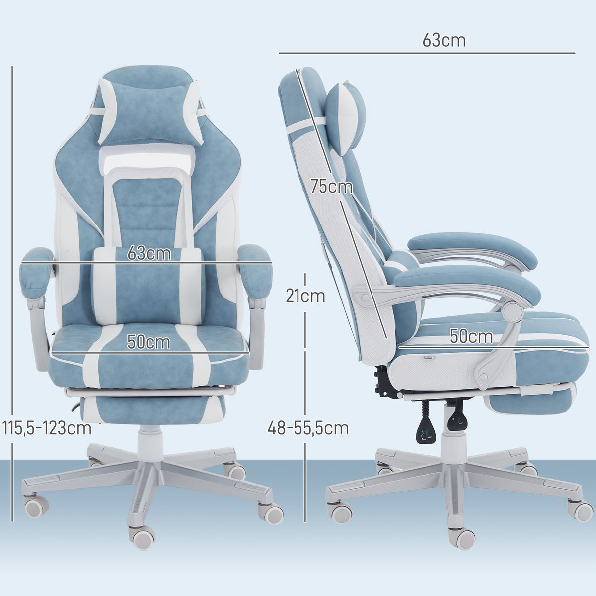 Cadeira Gaming Reclinável com Altura Ajustável, Apoio para os Pés Retrátil, Suporte Lombar e Almofada de Cabeça Removível, para Escritório ou Estudo, Azul — foto 3