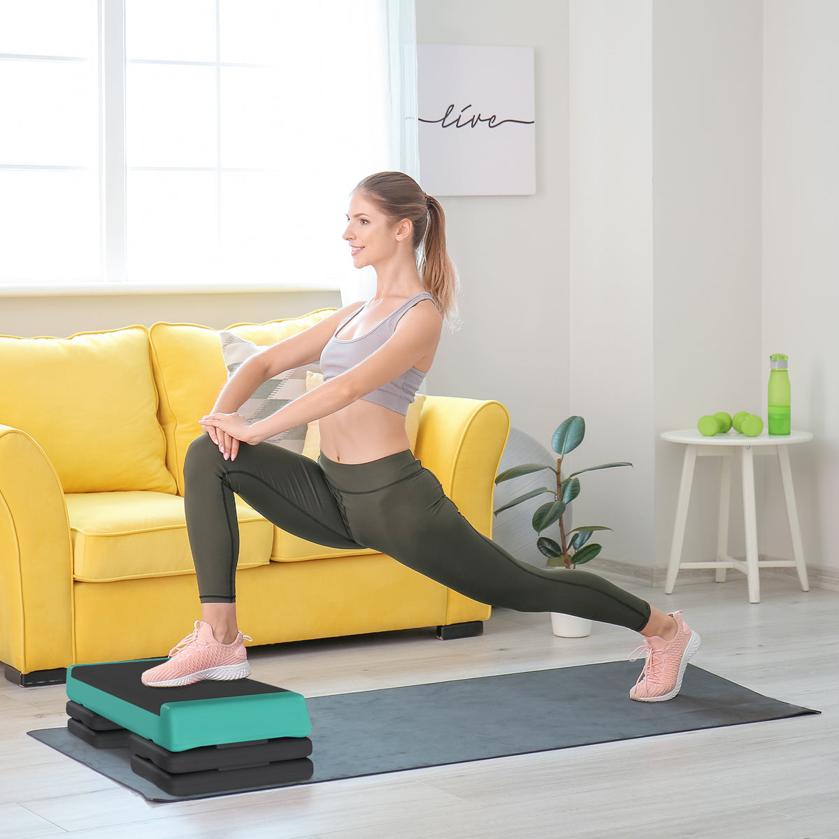 Step de Aeróbica Step para Fitness Antideslizante Altura Regulável 3 Níveis de 10,5/15,5/20,5 cm Capacidade 250 kg para Exercício em Casa Ginásio 77x36x20,5 cm Verde e Preto — foto 2