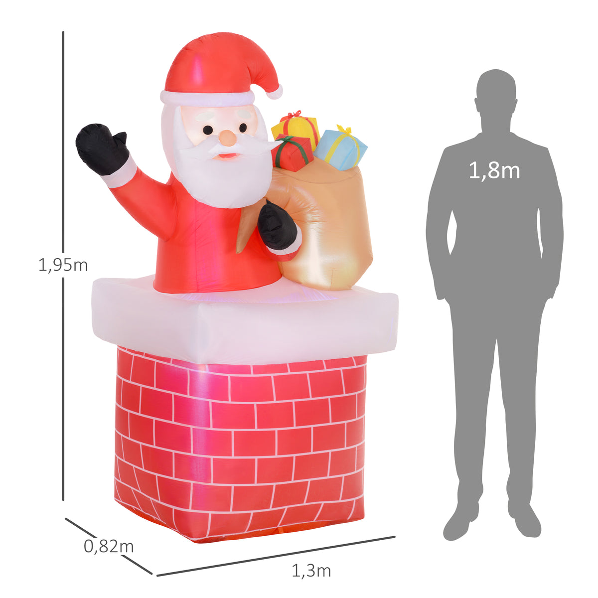 Pai Natal Insuflável com Sacos de Presente Saindo de uma Chaminé Decoração de Natal Insuflável com Luzes LED par Exterior 130x82x195 cm Vermelho — foto 3
