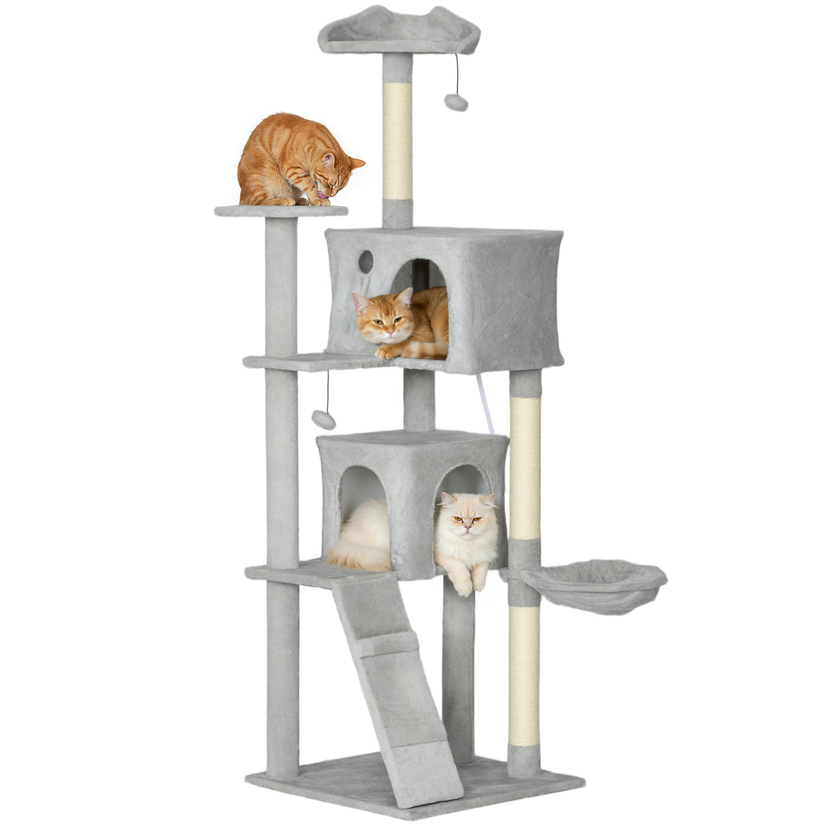 Arranhador para Gatos 180 cm Torre de Escalada com Múltiplas Plataformas Cama 2 Cavernas Rede Escada Postes de Sisal Bolas para Brincar Cinza — foto 1