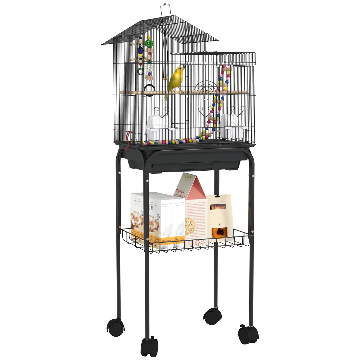 Gaiola para Passáros Gaiola de Metal com Múltiplas Portas 4 Comedouros 3 Poleiros Baloiço Escadas e Bandeja Removível para Periquitos Canários 46x36x120 cm Preto — foto 1