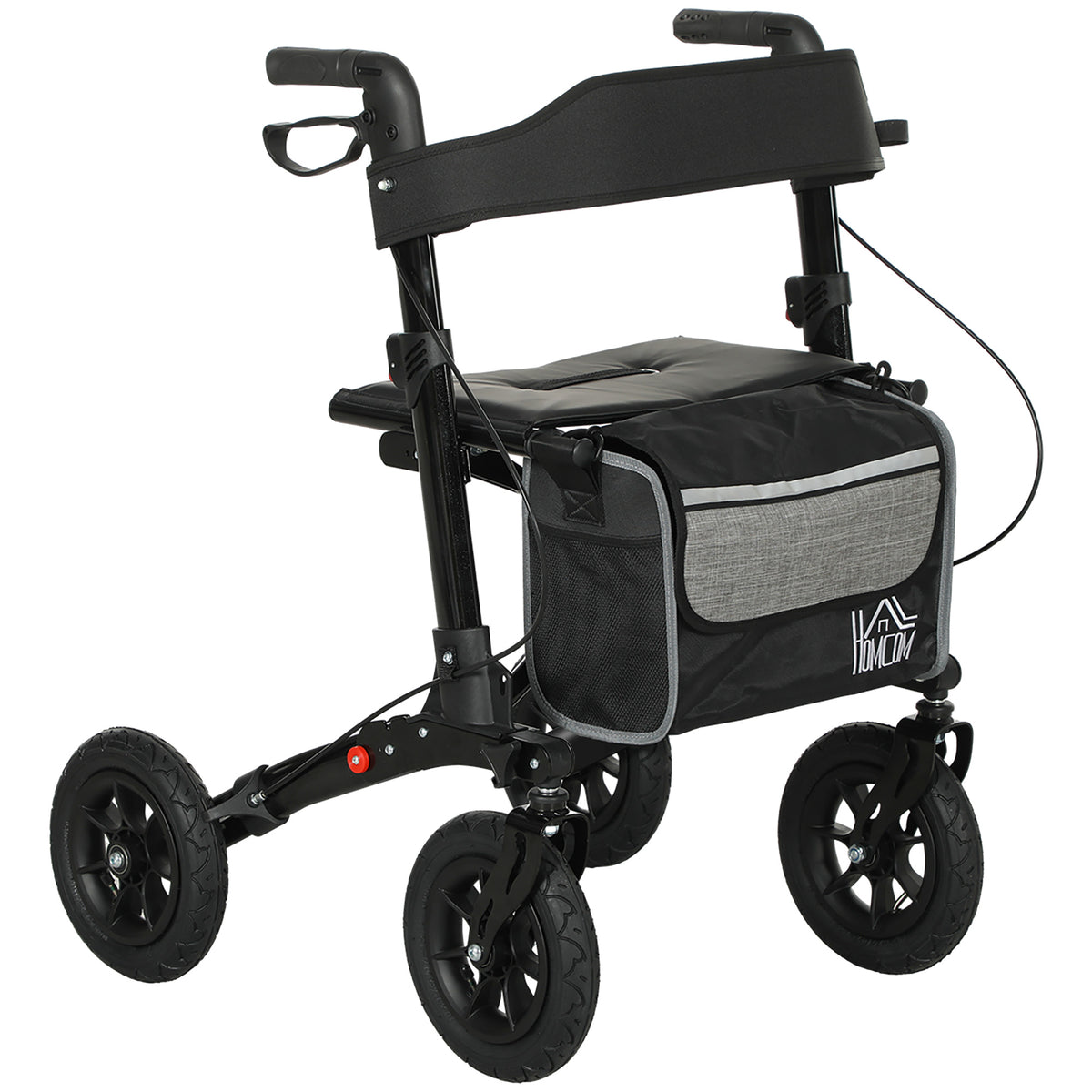 Andador 4 rodas dobrável, rollator em alumínio leve, assento acolchoado, encosto, punho ajustável, 69x64x98,5cm preto — foto 1