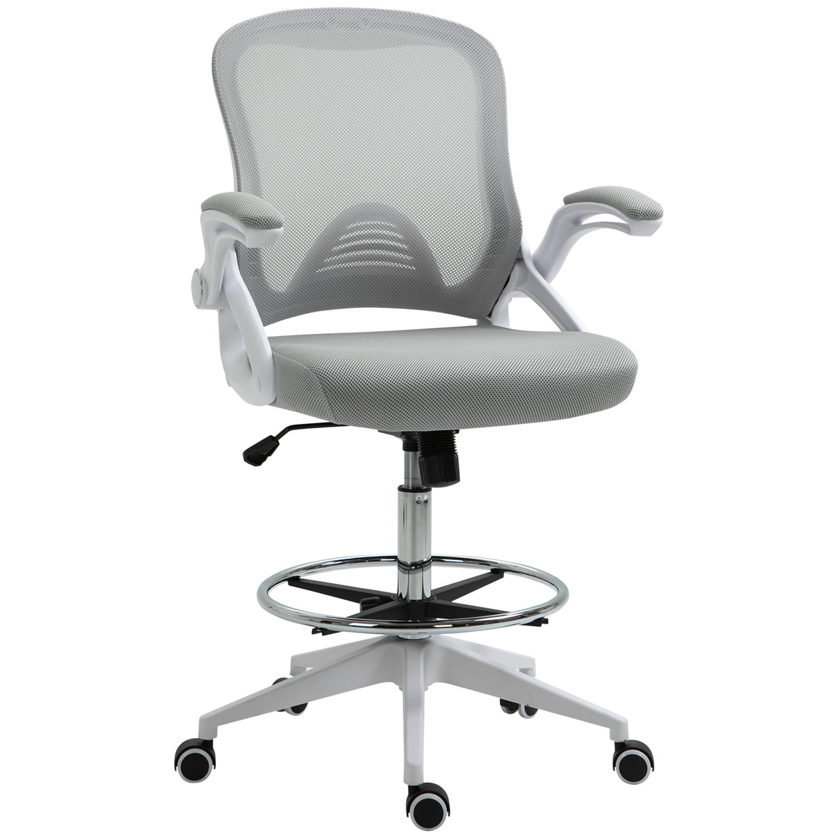Cadeira de Escritório Assento Alto Ajustável Repousa Pés Braços Rebatíveis Giratória 360° Tela 64x60x106-126 cm Cinza Branco — foto 1