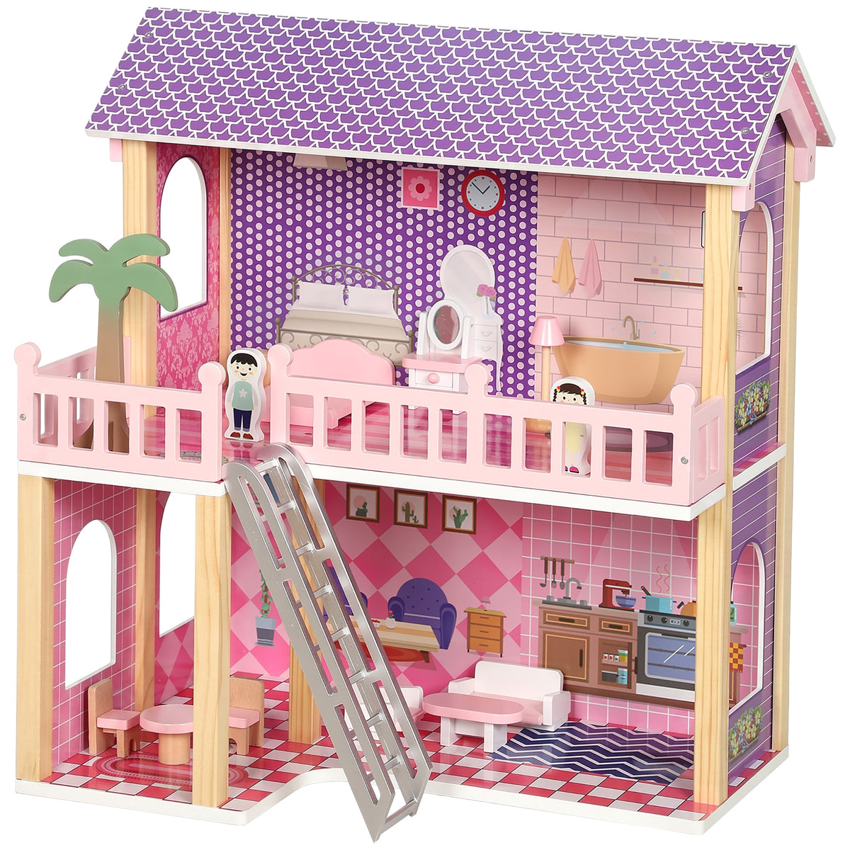 Casa de Bonecas de Madeira para Crianças, 2 Andares, 11 Móveis, Presente para Meninas 3-6 Anos, Rosa — foto 1