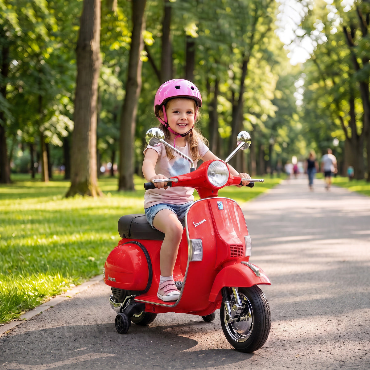 Mota Elétrica Infantil 12V Vespa PX150 com Rodinhas de Apoio, 2 Motores, Suspensão Traseira, Música e Luzes, 3 km/h, 3-6 Anos, Vermelha — imagem 3