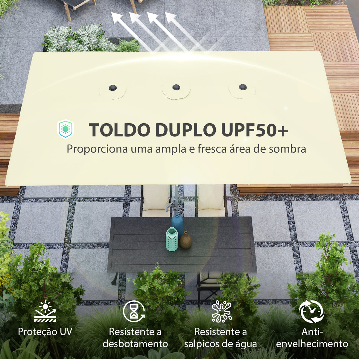 Chapéu de Sol Duplo 4,5x2,6 m Chapéu de Sol de Jardim com Manivela Mastro de Alumínio Impermeável e Proteção UV50+ Chapéu de Sol Grande para Exterior Piscina Creme — foto 5