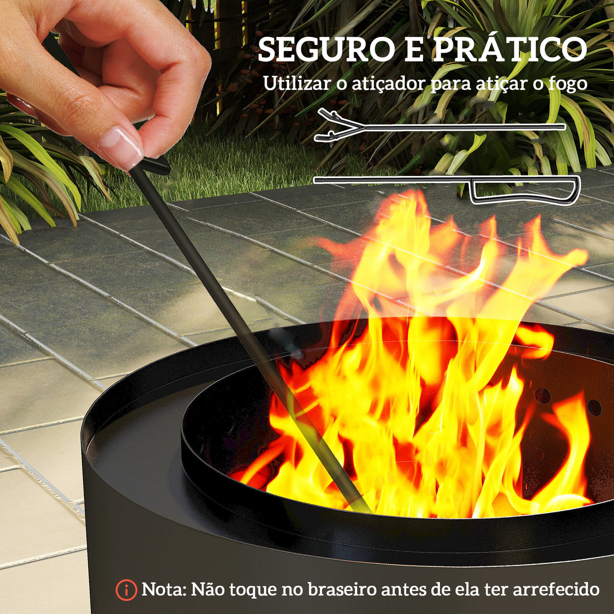 Braseiro Exterior Redondo Ø45x42 cm de Aço Braseiro de Jardim com Bandeja para Cinzas e Atizador Protetor de Faíscas para Parque de Campismo Pátio Preto — foto 4