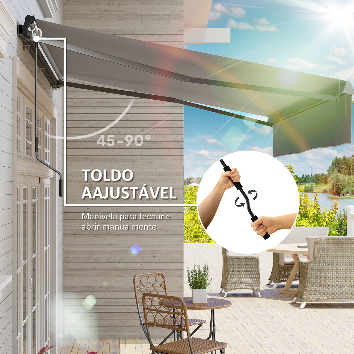 Toldo Retrátil Manual para Jardim Toldo Exterior Ajustável com Manivela Proteção UV Estrutura de Metal e Alumínio 295x200 cm Cinzento — foto 4