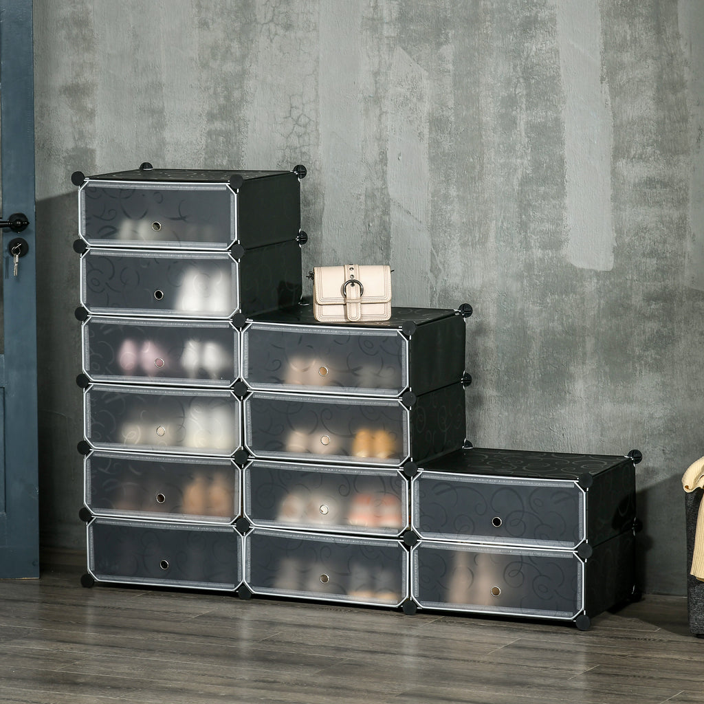 Sapateira Modular de Cubos de Plástico Armário Modular para Sapatos com 12 Cubos com Porta Desenho de DIY para Entrada Dormitório 94x37x108 cm Preto — foto 2