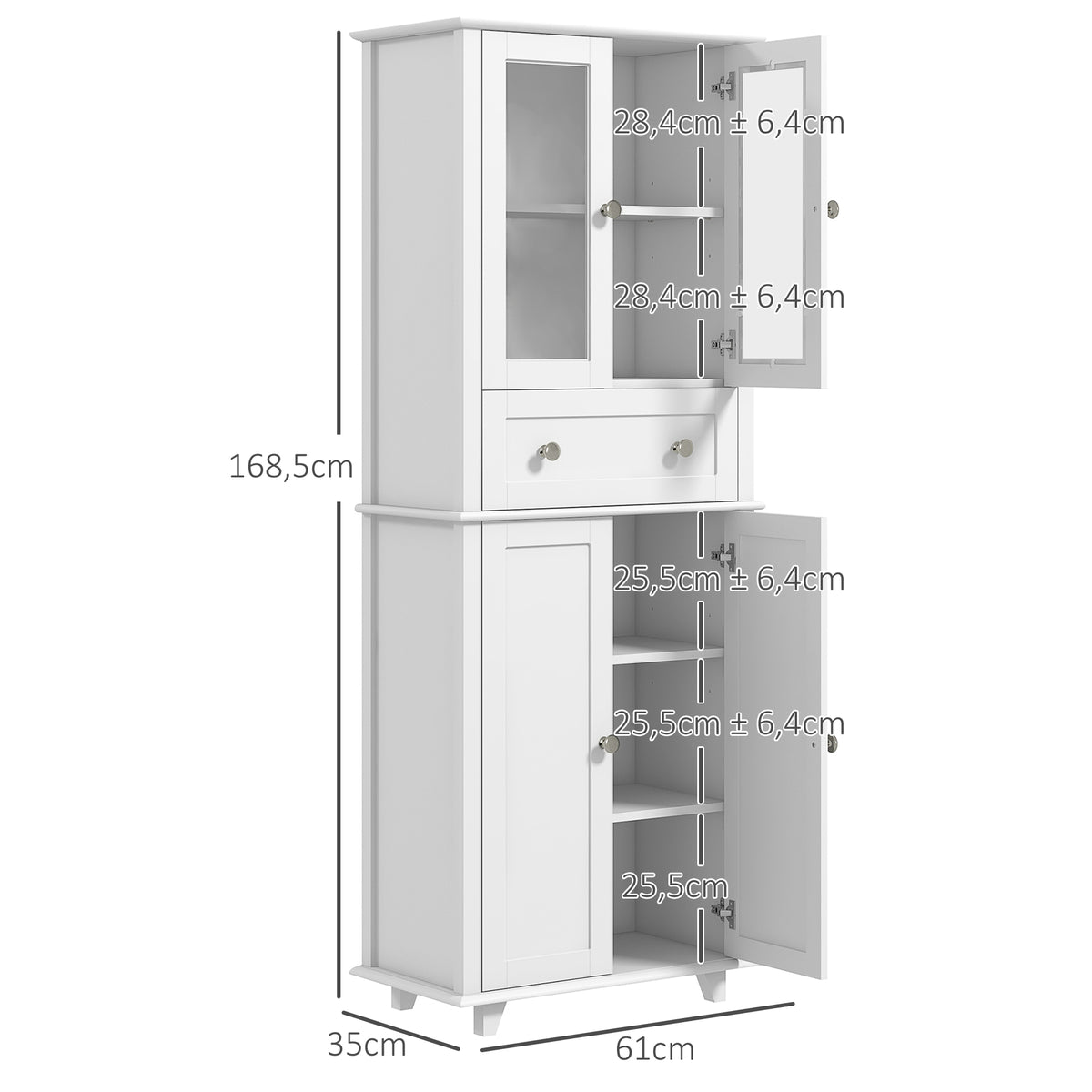 Armário de Cozinha Móvel Auxiliar de Cozinha com 2 Portas de Vidro Temperado Gaveta e Prateleiras Ajustáveis para Sala 61x35x168,5 cm Branco — foto 3