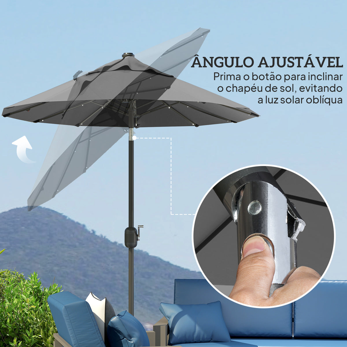 Chapéu de Sol Duplo 295x150x219 cm Chapéu de Sol de Jardim com Luzes LED Solares Teto com Inclinação Ajustável e Manivela Manual para Pátio Piscina Praia Cinza — foto 5