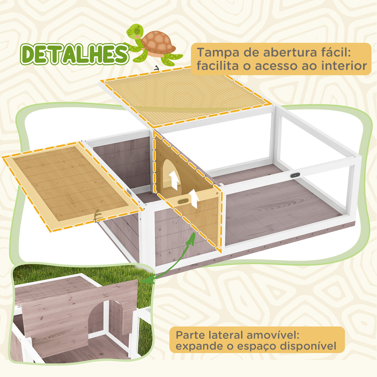 Casa para Tartarugas de Madeira Terrario para Reptéis com Teto de Malha Painéis Laterais Transparentes e Trava de Segurança 91x60,5x32 cm Castanho Acinzentado — foto 5