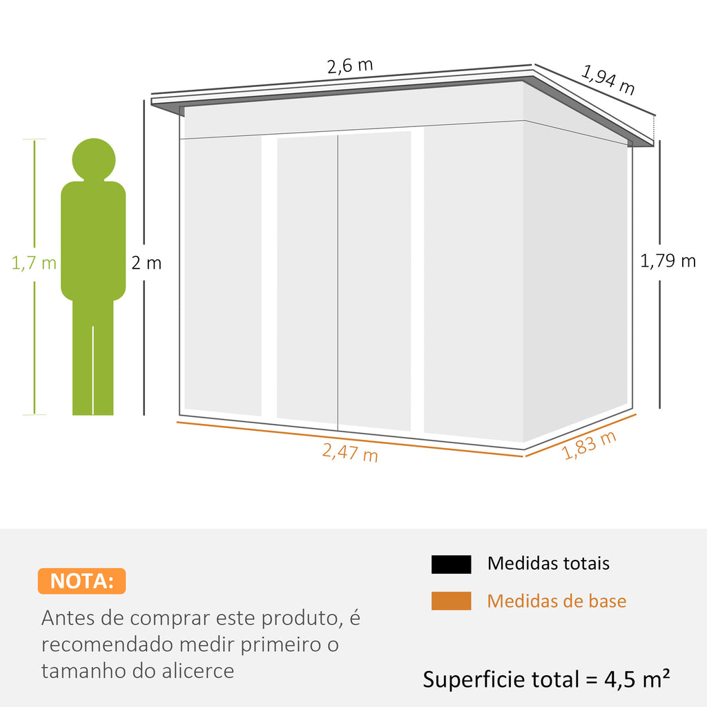 Abrigo de Jardim 4,5 m² 260x194x200 cm Abrigo Exterior Metálico com Painéis Frontais Transparentes e 2 Portas Deslizantes para Armazenamento de Ferramentas Verde — foto 3