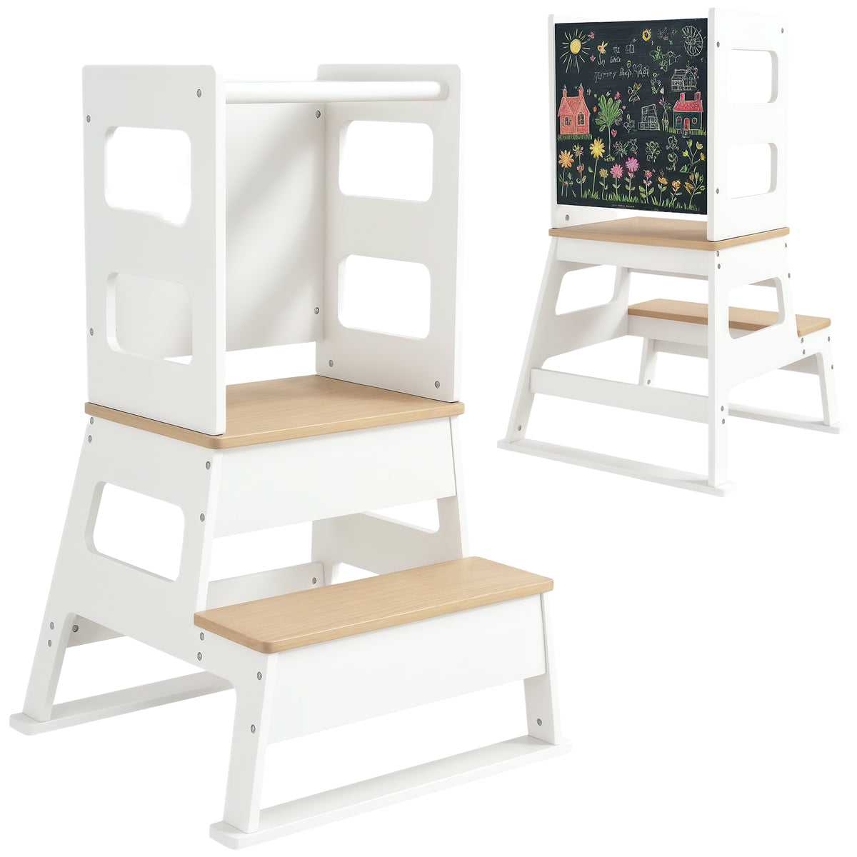 Torre de Aprendizagem 2 em 1 Torre de Aprendizagem para Crianças acima de 3 Anos com Ardósia e Barreira de Segurança para Casa de Banho Cozinha 55x52,5x87,5 cm Branco — foto 1