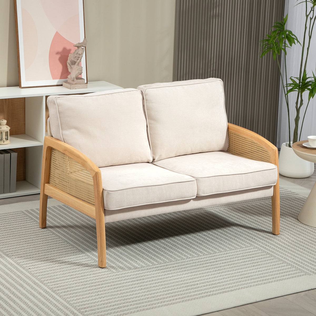 Sofá de 2 Lugares Estofado em Chenille Sofá Sala de Estar com 2 Almofadas Laváveis e Apoio para os Braços em Vime Sintético Sofá Pequeno Carga 240 kg 123x75x88 cm Bege — foto 2