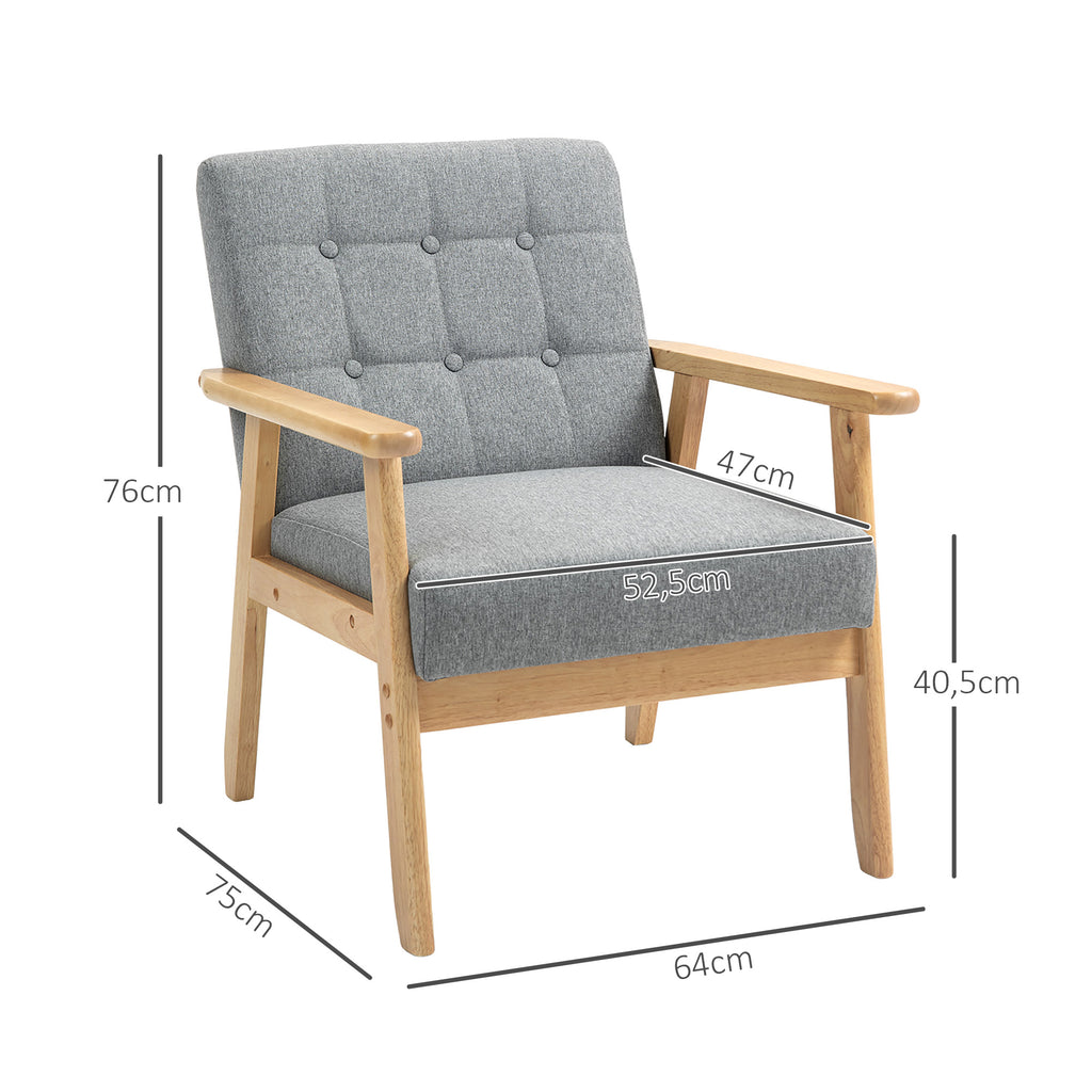 Poltrona Sala de Estar Estofada em Linho Poltrona com Apoio para os Braços e Estrutura de Madeira de Borracha Poltrona para Dormitório Sala de Estar Carga 130 kg 64x75x76 cm Cinza Claro — foto 3