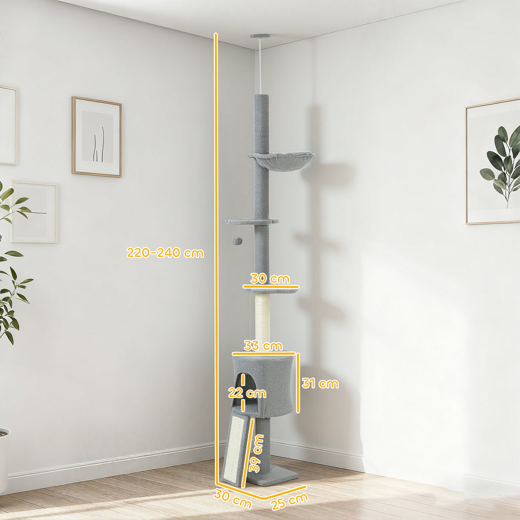 Arranhador para Gatos de Chão a Teto Altura Ajustável de 220-240 cm Torre para Gatos com Rede Plataformas em Flor Cavernas Rampa e Bola Cinza Claro — foto 3