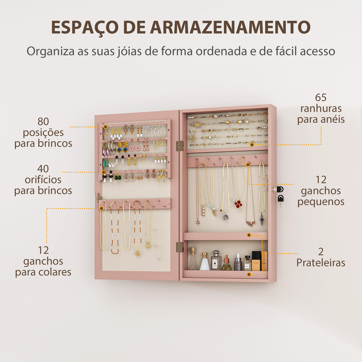 Espelho Joalheiro de Parede Armário para Jóias com Fechadura e Vários Compartimentos para Colares Anéis Pulseiras Montar na Parede ou Porta Rosa e Forro Bege — foto 5
