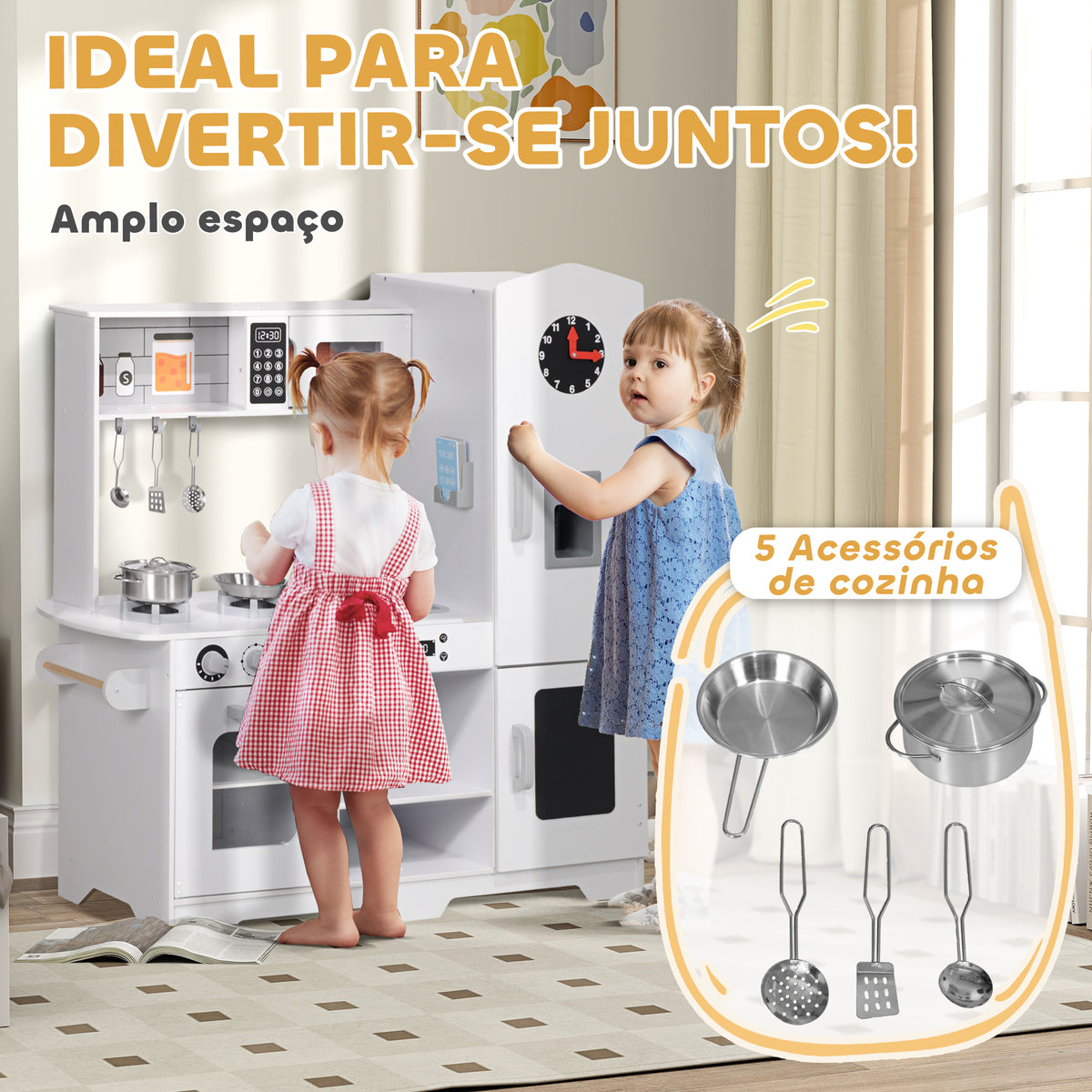 Cozinha de Madeira para Crianças acima de 3 Anos Cozinha Infantil com Fogão Lavatório Micro-Ondas Relógio Máquina de Gelo e Acessórios 100,5x41x110 cm Branco — foto 5