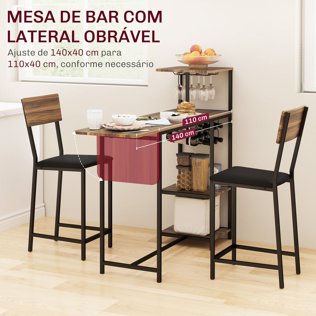Conjunto de Mesa e Bancos de Bar Mesa Alta de Cozinha com 2 Bancos Laterais Rebatíveis Suporte para Vinhos e Prateleiras Estilo Industrial Castanho e Preto — foto 4