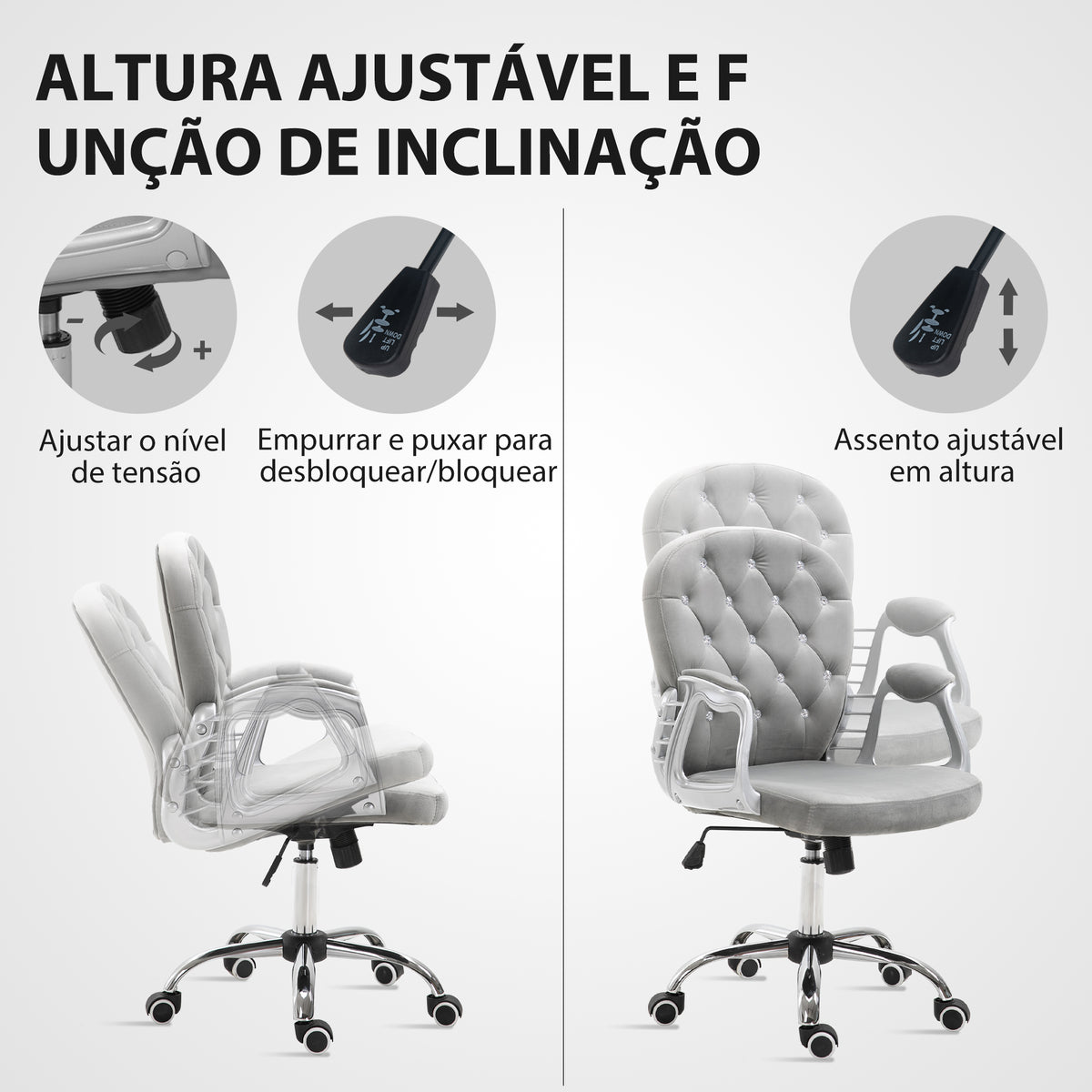 Cadeira de Escritório Estofada em Veludo Cadeira Giratória com Altura Ajustável Apoio para os Braços e Decorações de Cristal Carga 120 kg Cadeira para Estudio Dormitório 59,5x60,5x95-105 cm Cinzenta — foto 4