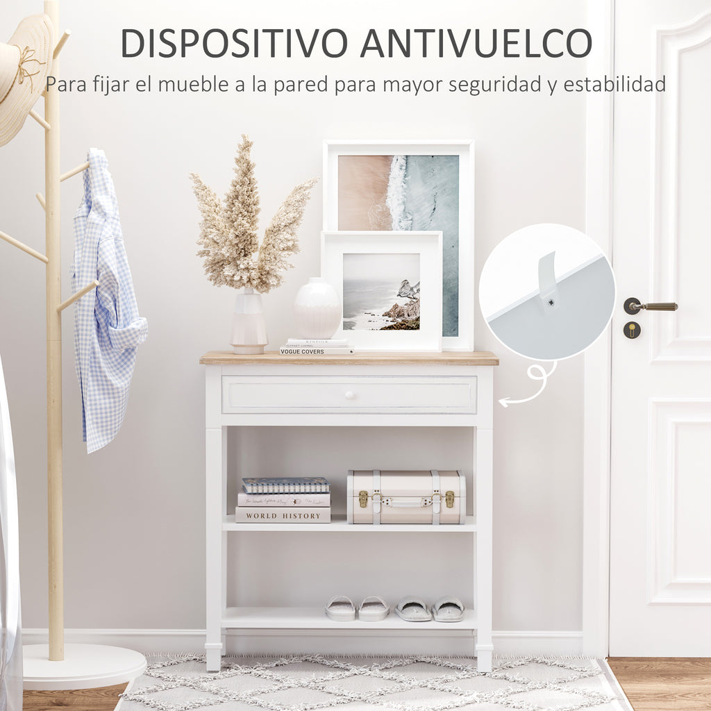 Mesa Consola Estilo Rétro Consola para Sala de Estar Corredor com 2 Prateleiras e 1 Gaveta 75,6x27,5x80,5 cm Branco e Madeira — foto 6