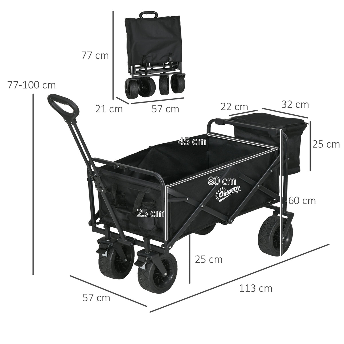 Carrinho de Transporte com Bolsa Térmica Removível Carrinho Dobrável com Alça Ajustável e Bolsa de Transporte Capacidade 100 kg para Campismo Praia 113x57x77-100 cm Preto — foto 3