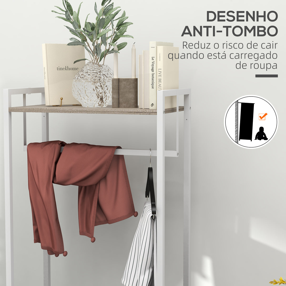 Suporte para Cabides com 3 Gavetas de Tecido Barra para Pendurar e Prateleira de Armazenamento para Entrada Quarto Sala 58,5x30x178 cm Natural — foto 6