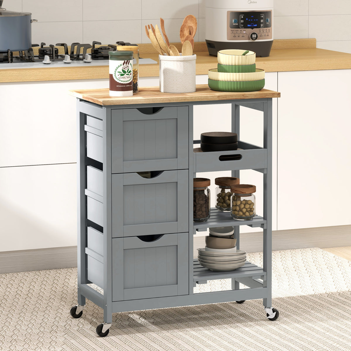 Carrinho de Cozinha com Rodas Carrinho de Serviço Multiuso com 3 Gavetas 2 Prateleiras Abertas e Bandeja para Sala de Jantar Sala de Estar 67x37x85,5 cm Cinzento — foto 2