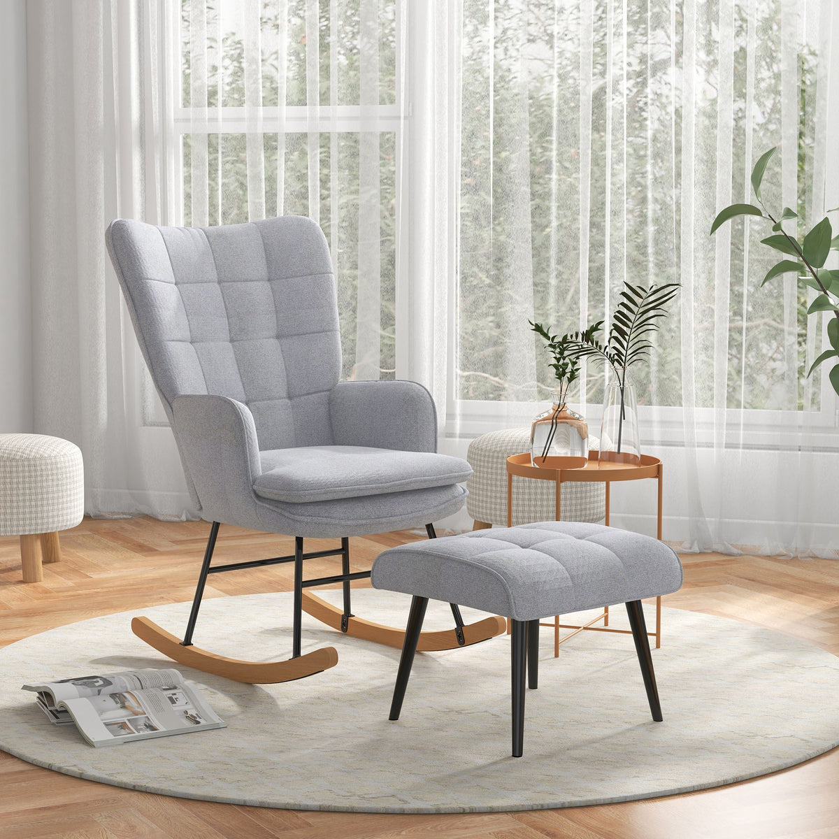 Conjunto de Poltrona Baloiço com Apoio para os Pés Poltrona Relax com Almofada Acolchoada e Anti-Tombo Carga 130 kg Sala de Estar Dormitório 64x89x90 cm Cinzento — foto 2