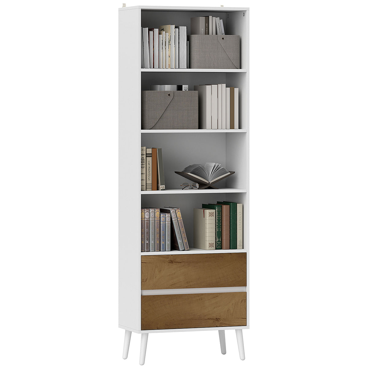 Estante para Livros de 6 Níveis Estante com 2 Gavetas e 4 Prateleiras Abertas para Sala de Estar Escritório Dormitório 60x30x179 cm Branco — foto 1