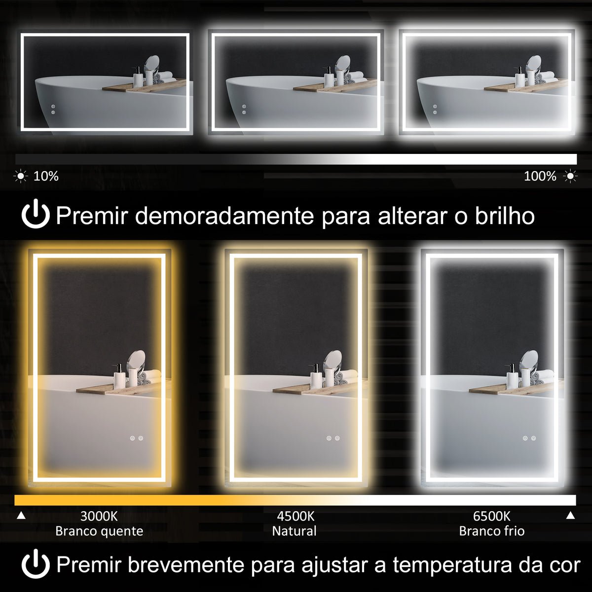 Espelho Casa de Banho com Luz LED 100x60 cm Espelho de Parede com Iluminação Anti-Embaciamento Brilho Ajustável Interruptor Tátil IP44 Montagem Horizontal ou Vertical — foto 4