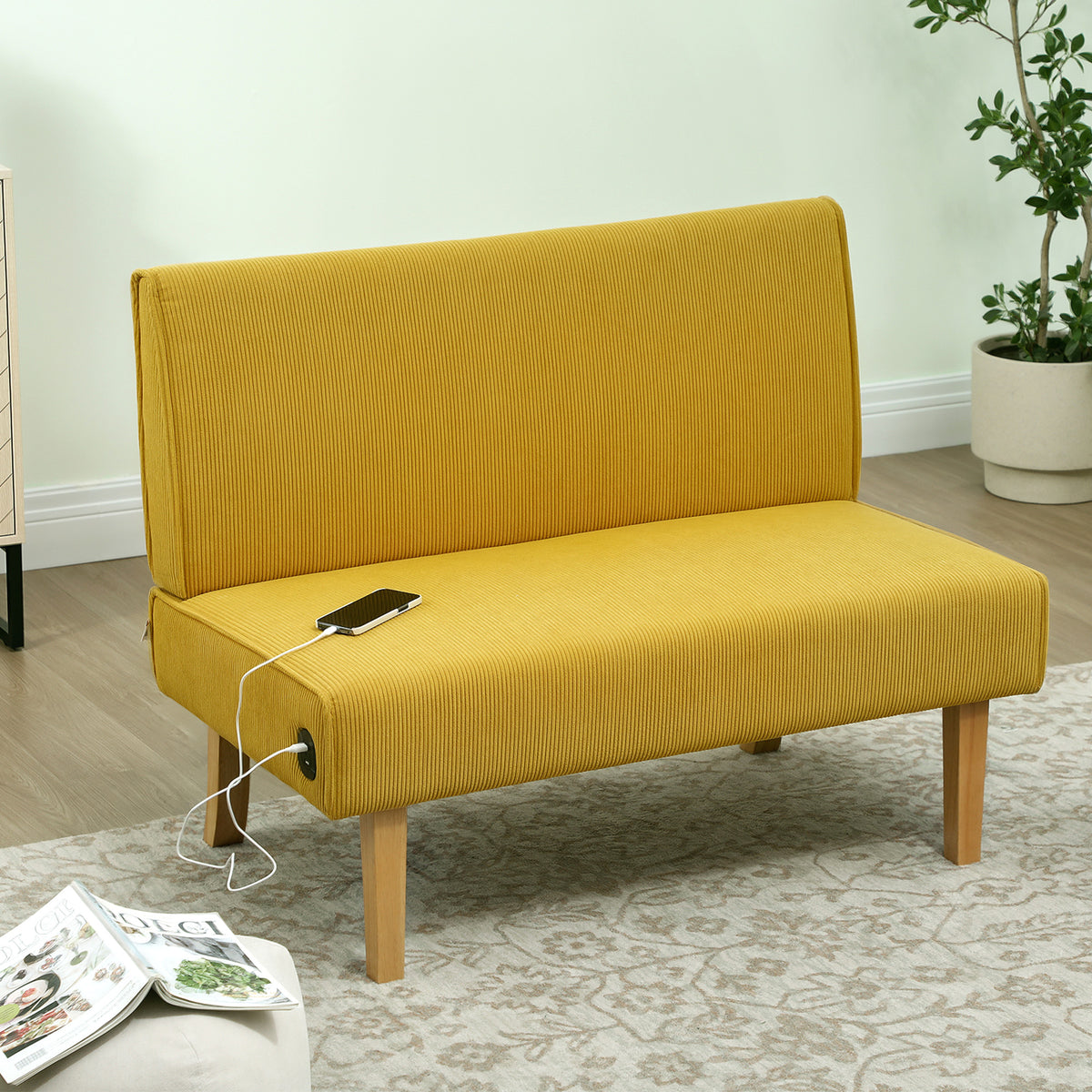 Sofá de 2 Lugares Estofado em Veludo Cotelê Sofá Sala de Estar sem Apoio para os Braços com 2 Entradas USB 1 Entrada Tipo C e Pés de Madeira Sofá Pequeno Carga 240 kg 110x60x85 cm Amarelo — foto 2