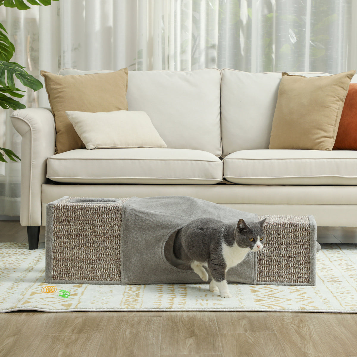 Túnel para Gatos de Interior Encaixável com Múltiplas Entradas, Tocas em Sisal e Bola Suspensa, 98x30x30 cm, Cinzento — imagem 13