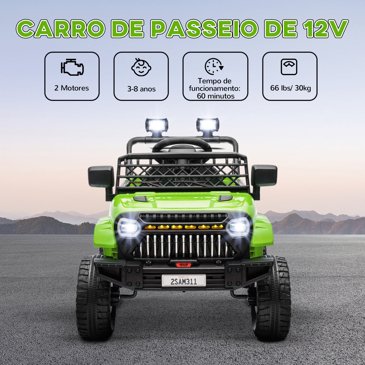 Carro Elétrico para Crianças acima de 3 Anos Carro Elétrico Infantil UTV Carro a Bateria 12V com Controlo Remoto Velocidade Ajustável USB Faróis e Buzina 95x62,5x65 cm Verde — foto 4