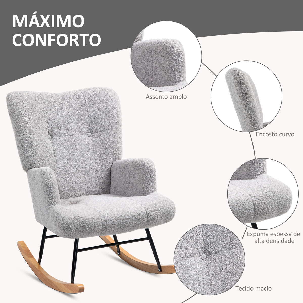 Poltrona Baloiço em Borrego Poltrona para Amamentação com Encosto Capitonê e Base de Madeira de Borracha Carga 120 kg Poltrona para Sala de Estar Dormitório 65x88x87 cm Cinza Claro — foto 5