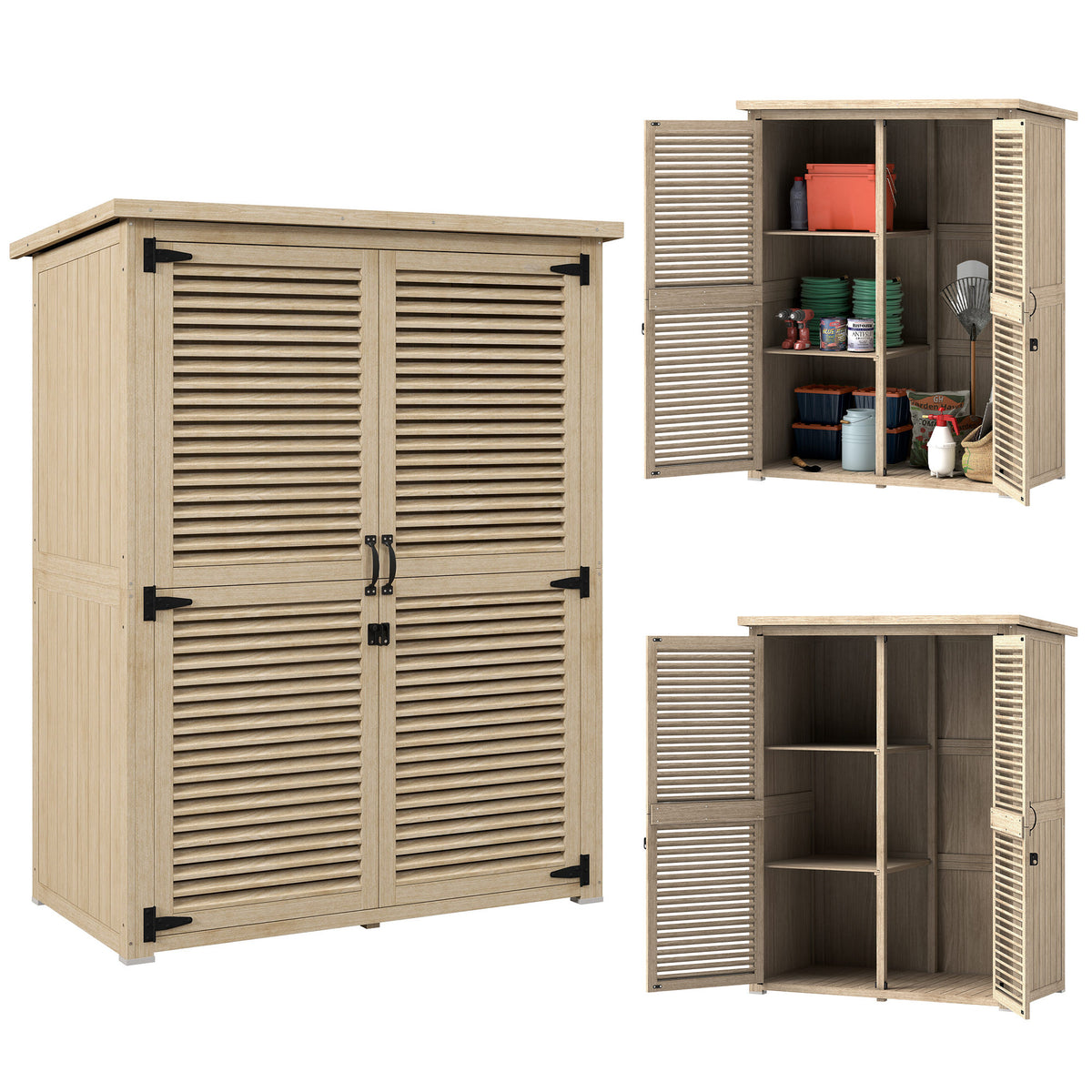 Armário de Jardim de Madeira 0,83 m² 127x65x168 cm Armário Exterior de Madeira com 2 Portas de Persiana 2 Prateleiras 2 Alças e Telhado Impermeável Natural — foto 1