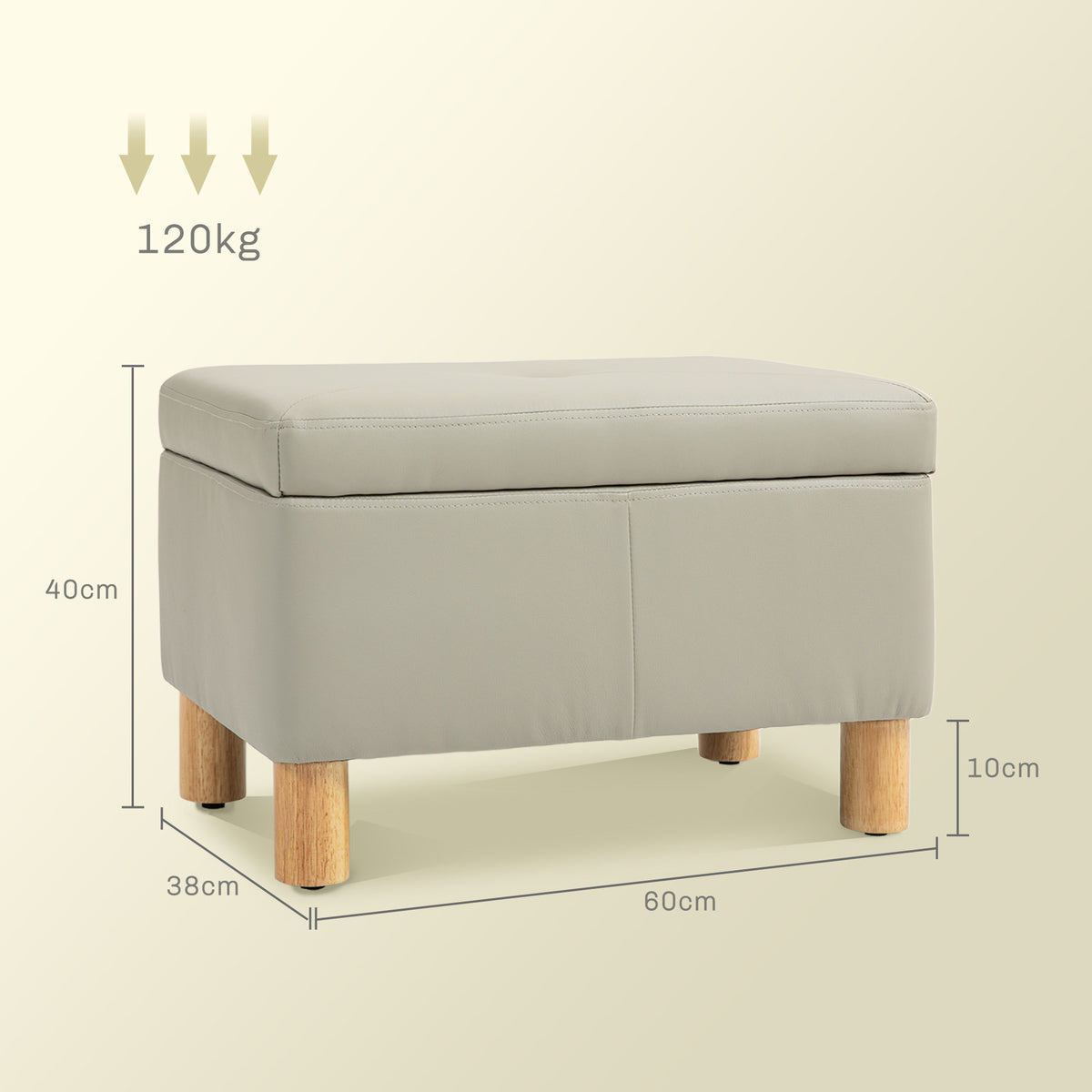 Baú de Armazenamento para Dormitório 33L Puff de Armazenamento Estofado em PU Banco de Arrumação com Pés de Madeira para Corredor Sala de Estar 60x38x40 cm Cinza Claro — foto 3