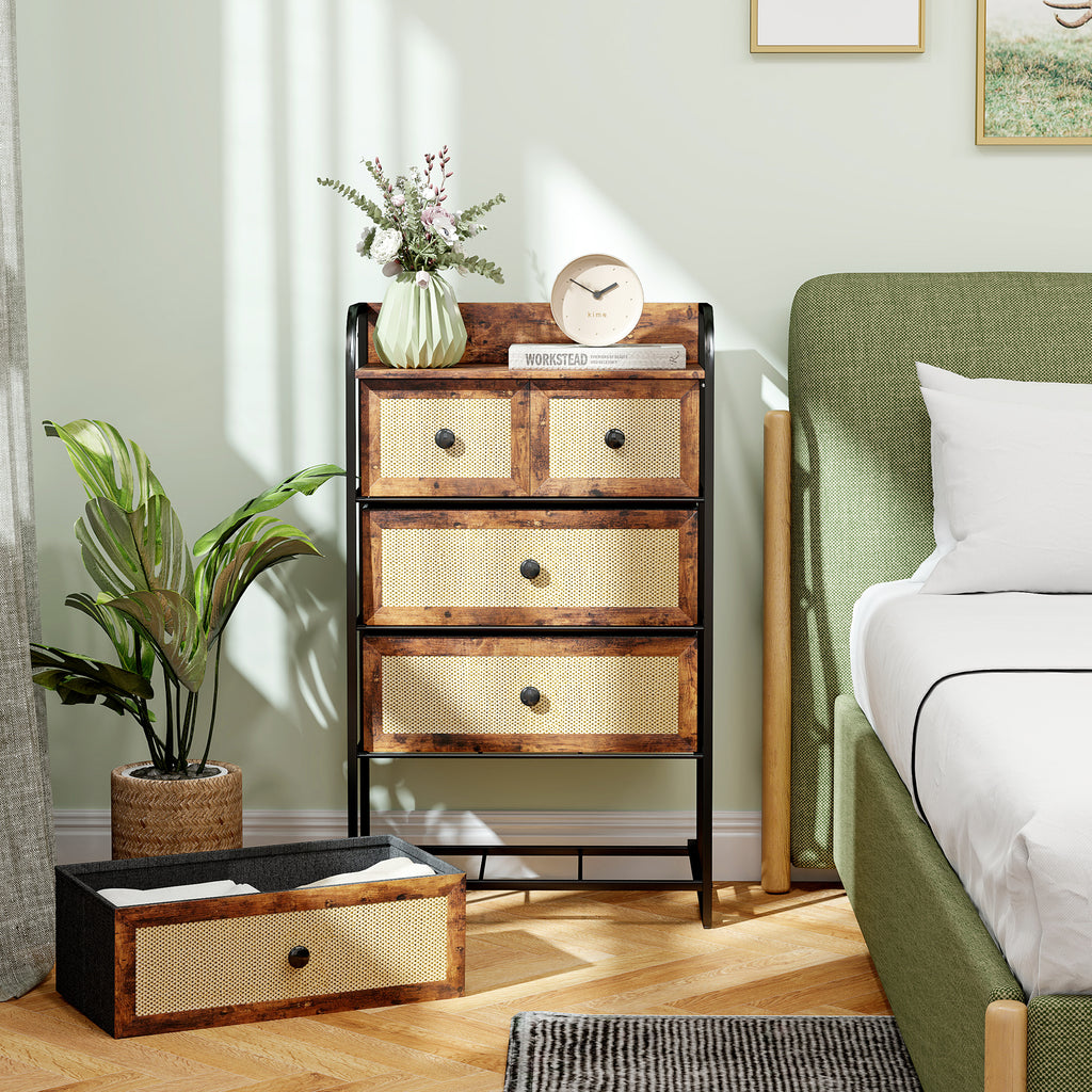 Cómoda de Tecido Cómoda para Dormitório com 5 Gavetas com Frente em Vime Prateleira e Estrutura em Aço para Sala de Estar 58x29x99 cm Marrom Rústico — foto 8