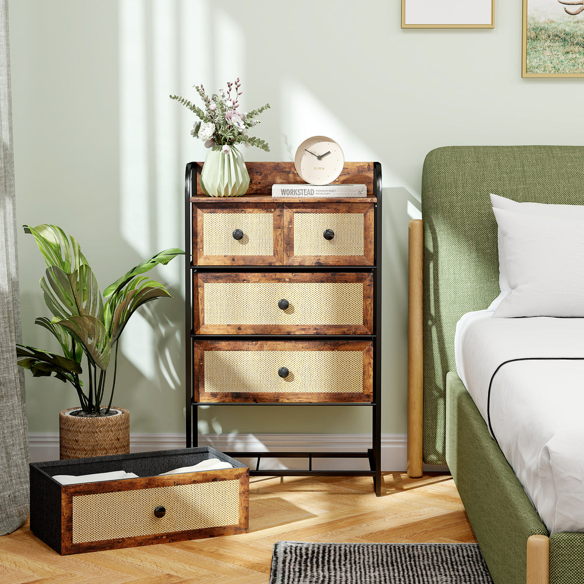 Cómoda de Tecido Cómoda para Dormitório com 5 Gavetas com Frente em Vime Prateleira e Estrutura em Aço para Sala de Estar 58x29x99 cm Marrom Rústico — foto 8