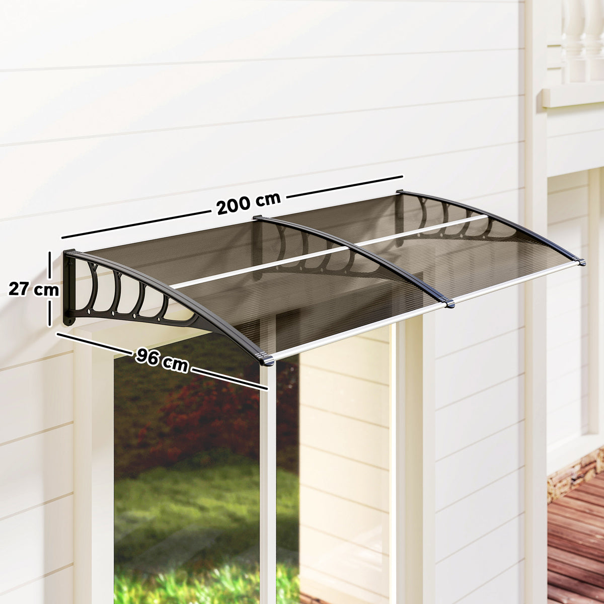 Marquise de Proteção 200x96 cm Marquise Exterior para Portas e Janelas contra o Sol e Chuva com Suporte de PP Policarbonato Marrom — foto 3