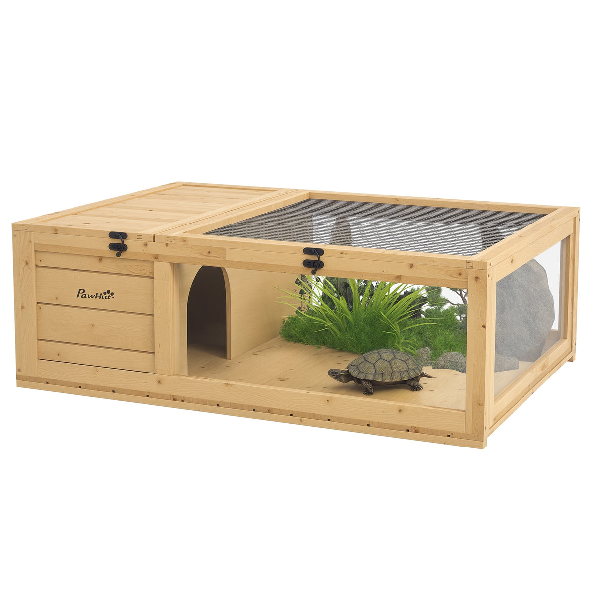 Casa para Tartarugas de Madeira Terrario para Reptéis com Teto de Malha Painéis Laterais Transparentes e Trava de Segurança 91x60,5x32 cm Madeira — foto 1