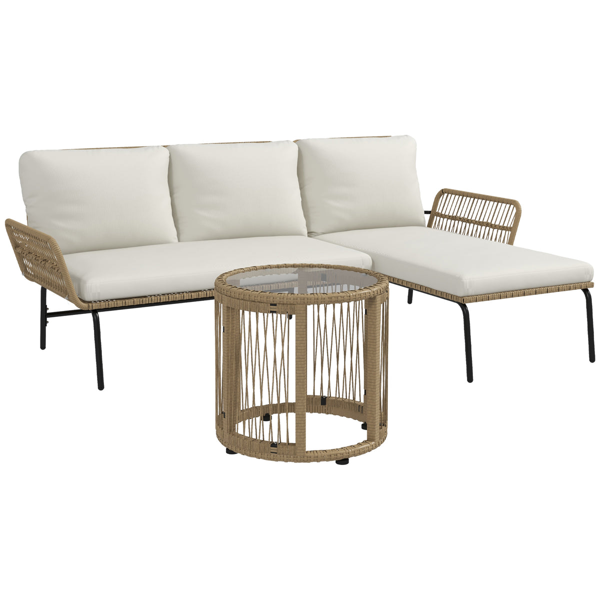 Conjunto de Móveis de Jardim Móveis de Exterior de Vime Conjunto de 3 Peças Móveis de Varanda com Sofá de 2 Lugares Chaise Longue Almofadas e Mesa Auxiliar com Bancada de Vidro Creme e Madeira — foto 1