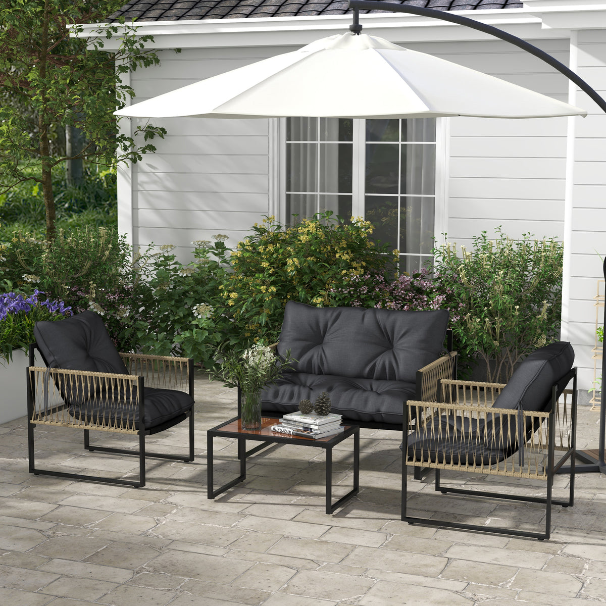 Conjunto de Móveis de Jardim de Vime Sintético Conjunto de 4 Peças Móveis de Jardim com 2 Poltronas 1 Sofá de 2 Lugares 1 Mesa de Centro e Almofadas Cinza Escuro — foto 2