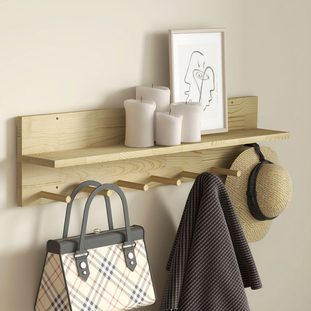 Móvel Cabide de Entrada com 7 Ganchos Prateleira de Armazenamento para Chaves Roupas Bolsas para Entrada Corredor Quarto 80x12x20 cm Natural — foto 7