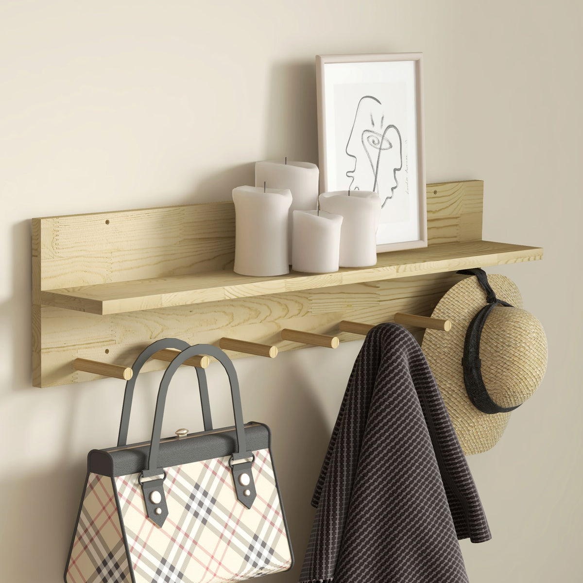 Móvel Cabide de Entrada com 7 Ganchos Prateleira de Armazenamento para Chaves Roupas Bolsas para Entrada Corredor Quarto 80x12x20 cm Natural — foto 7
