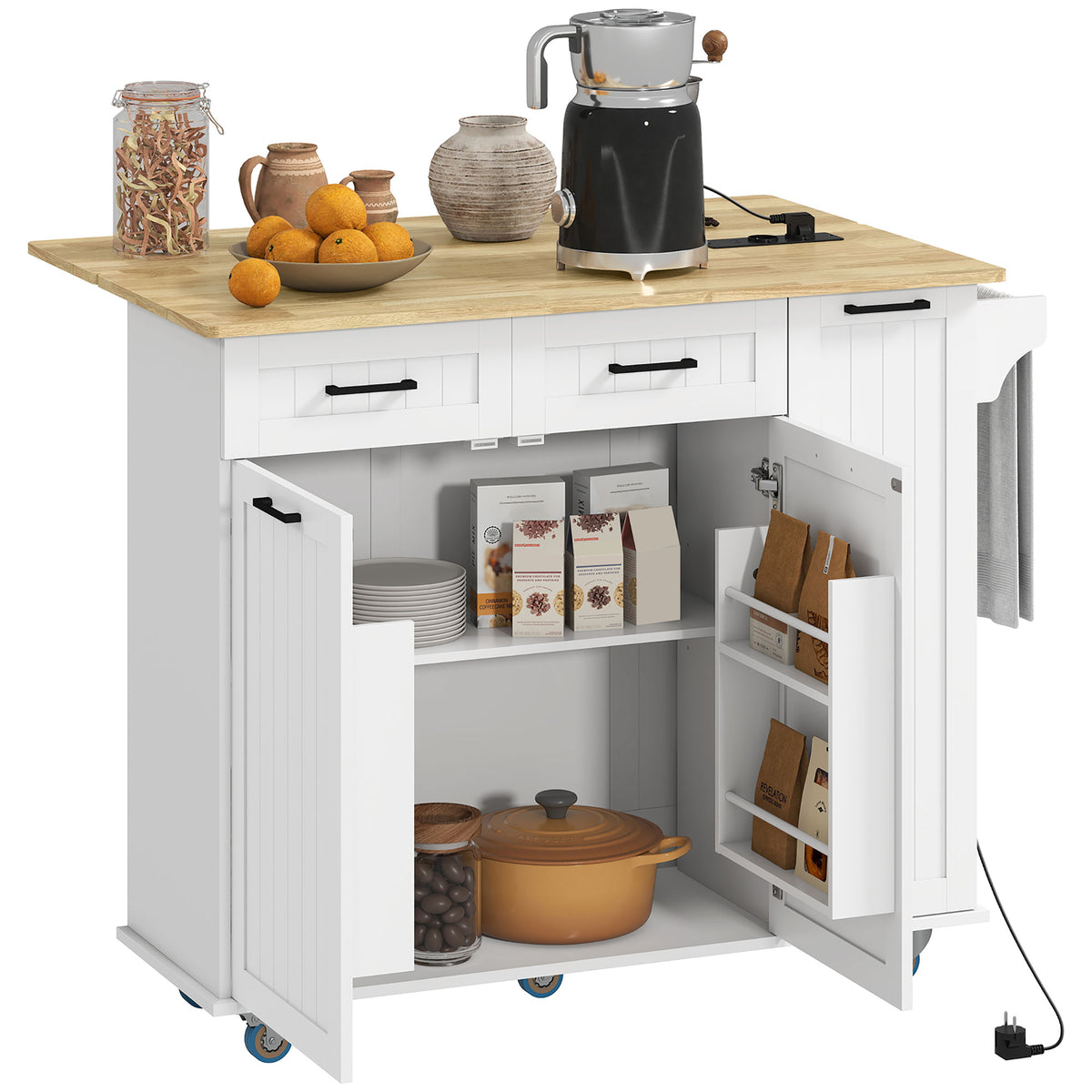 Ilha de Cozinha com Rodas Carrinho de Cozinha com Tomada USB Bancada Rebatível 2 Gavetas 2 Portas Prateleira Ajustável Porta-Temperos e Toalheiro 119,5x74x94,5 cm Branco — foto 1