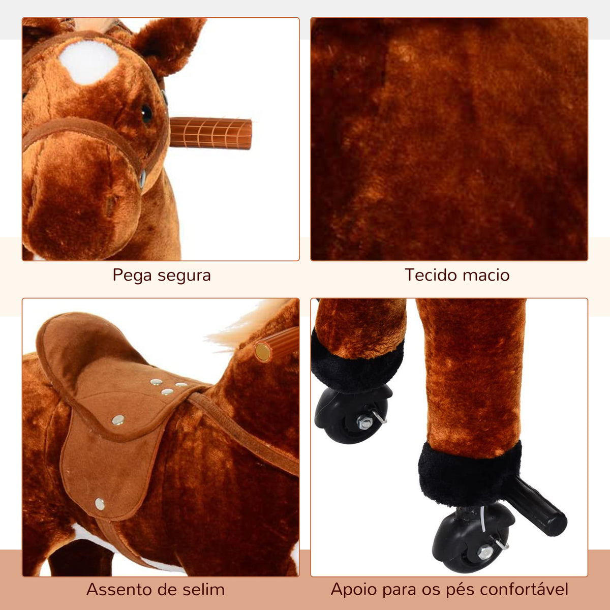 Cavalo de Brinquedo para Crianças de +3 Anos Cavalo de Brinquedo com Rodas Sons e Estrutura de Metal Carga 60kg 65x28x75 cm Castanho — foto 4